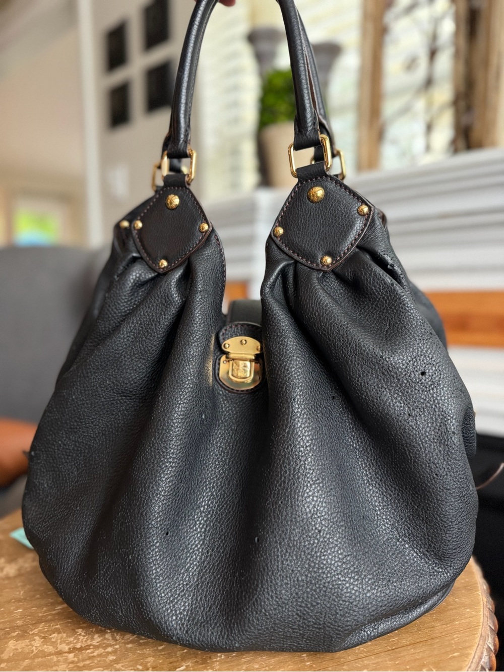 Louis Vuitton Mahina L Black Shoulder Bag with Gold Accents